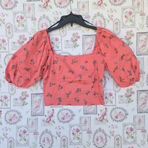 Forever 21 Women's Pink Floral Square Neck Puff Sleeve Cropped Blouse Top Medium